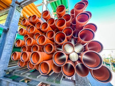 Orange Rohre gestapelt auf Metallregalen im Freien, zeigen Tiefbaumaterialien f&uuml;r Infrastrukturprojekte.